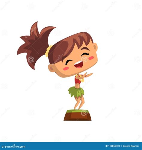Cute Smiling Hawaiian Girl Dancing Hula In Traditional Costume Vector Illustration Isolated On A