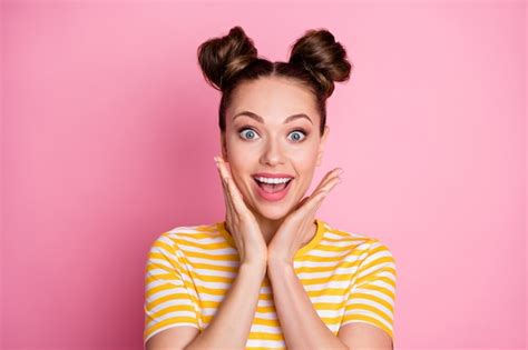 premium photo closeup photo of attractive shocked lady two funny buns cheerful mood listen