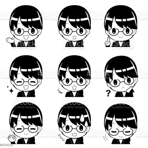 Facial Expression Set Of Black Haired Woman In Business Suit Stock