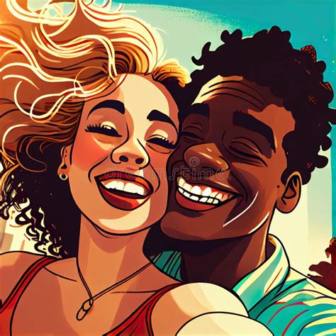 illustration of interracial love couple selfie and laughing at funny joke outdoors stock