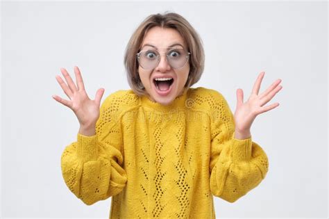 Amazed Woman Shouting In Surprise From Happiness Stock Image Image Of