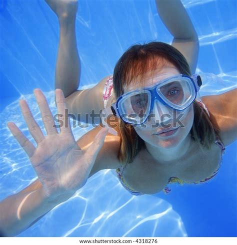 Pretty Girl Bikini Underwater Blue Pool Foto Stok 4318276 Shutterstock