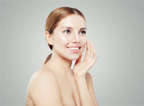 Happy Woman Spa Model Portrait Smiling Girl With Healthy Clear Skin On White Stock Photo