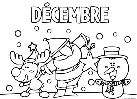 Coloriage Decembre Pere Noel Renne Et Bonhomme De Neige Tous Joyeux