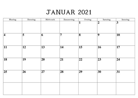 Januar 2021 Druckbarer Kalender Druckbarer 2021 Kalender