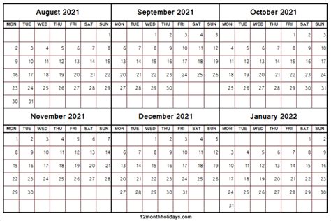August 2021 To January 2022 Calendar Printable Calendar 2021 Free