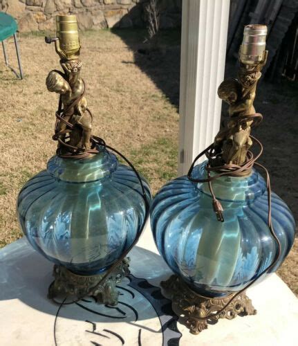 2 Lg 3 Way Vintage Mid Century Blue Glass Table Lamps Hollywood