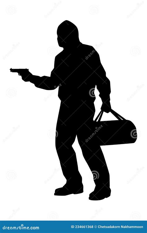 ladrón con su arma de arma para robar el vector de silueta de banco sobre fondo blanco