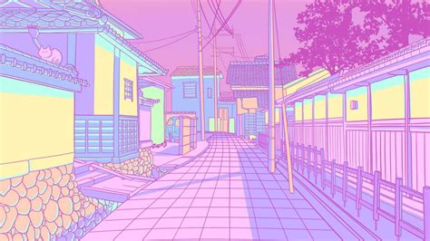 Pastel Japan Cats And Alleyways Illustrations Cute Desktop Wallpaper