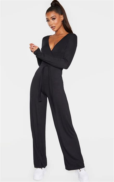 Black Tie Waist Long Sleeve Jumpsuit Prettylittlething Aus