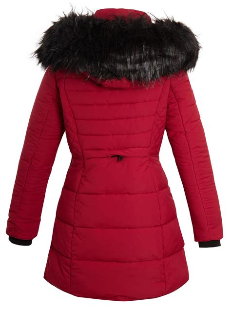 Womens Ladies Long Faux Fur Trim Hood Fitted Quilted Jacket Puffer Coat