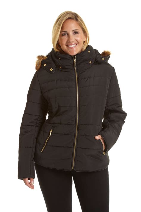 Excelled Womens Plus Size Fur Trim Hooded Puffer Jacket