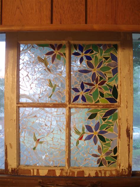 Glass Mosaic On Old Window Summer Hummers Stained Glass Art