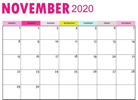 Cute November 2020 Calendar Printable Template Calendar Printables