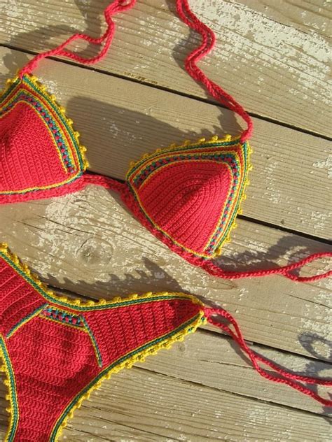 High Hip Brazilian Crochet Bikini Set Red With Yellow Green Etsy