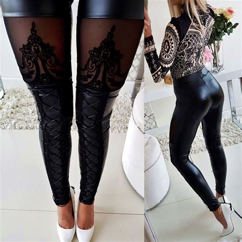 Buy Women Pu Pants Sexy Bodycon Leather Lace Patchwork