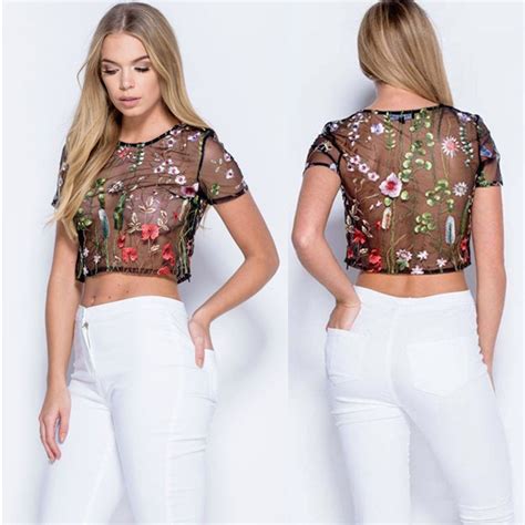 2020 Womens Celeb Mesh Sheer Flower Embroidered Blouse Summer See Through Sexy Crop Top T Shirt