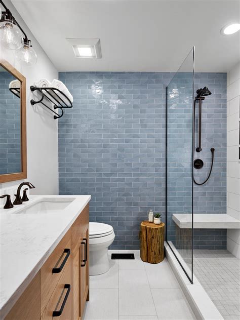 Transitional Bathroom With Blue Tile Accent Wall Hgtv