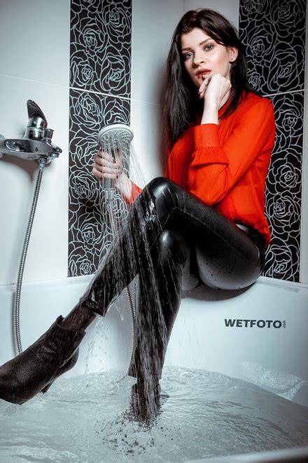 Wetlook By Hot Brunette Girl In Fully Wet Sexy Leggings And High Heels In Shower Wetlookone
