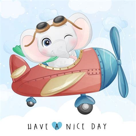 Cute Little Elephant Flying With Airplane Illustration In 2020 Panda