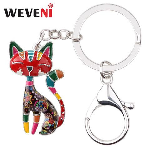 Weveni Enamel Metal Cartoon Cat Key Chains Keychains Rings Cute Animal