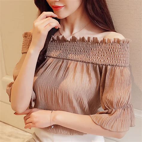 buy korean elegant off shoulder blouse women sex chiffon shirt 2018 fashion