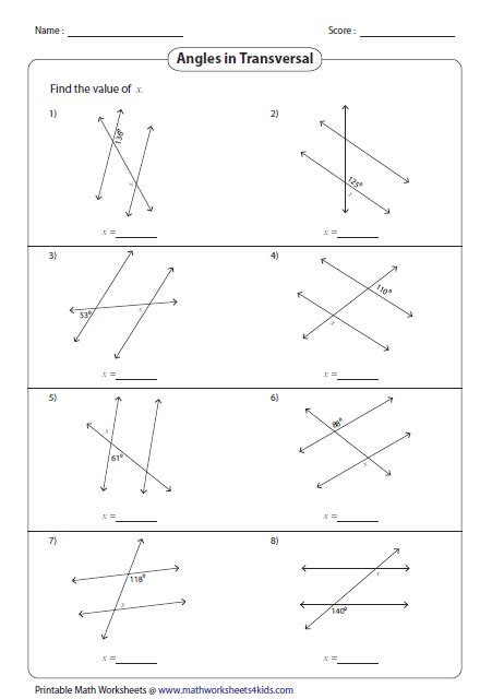 Parallel Lines Cut By A Transversal Practice Worksheets