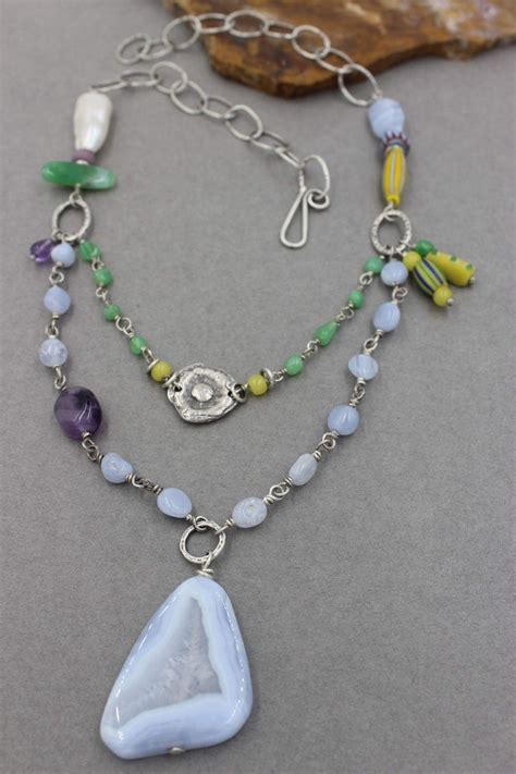 Colorful Antique Trade Bead And Gemstone Necklace With Blue Lace Agate