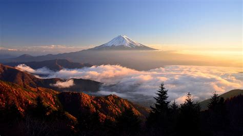 Mount Fuji Clouds Trees Sky Nature Landscape Mist