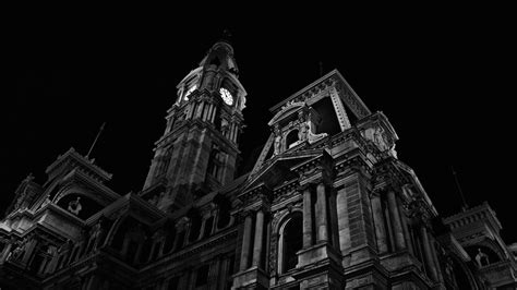 壁纸 1920x1080像素 古 黑色背景 建造 市政府 钟楼 单色 晚 老建筑 费城 塔 美国 蠕虫眼睛视图
