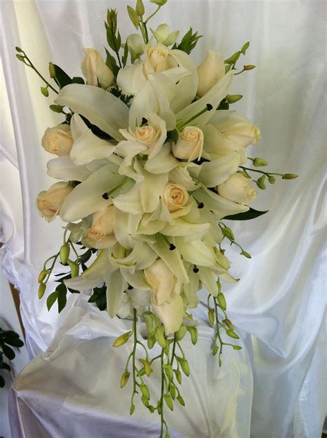 All White Traditional Cascade Bridal Bouquet Cascading Wedding Bouquets