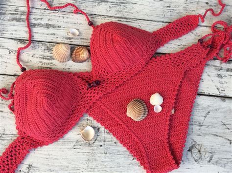 crochet bikini coral red bikini triangle bikini etsy