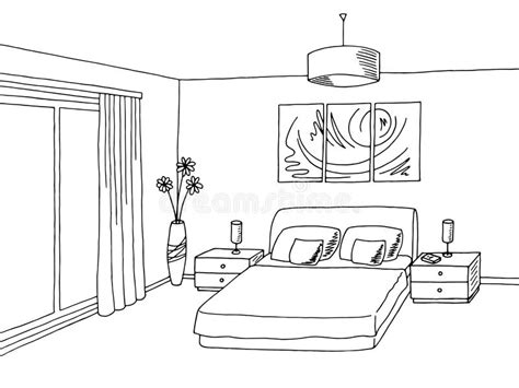 Bedroom Black White Graphic Art Interior Sketch Illustration Stock