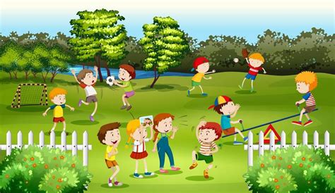 Children Playing Games In The Park With Fence 669280 Vector Art At Vecteezy