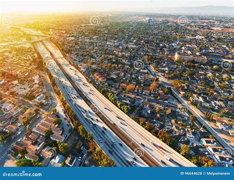 Aerial View Of Traffic On A Highway In La Stock Photo Image Of Sunset