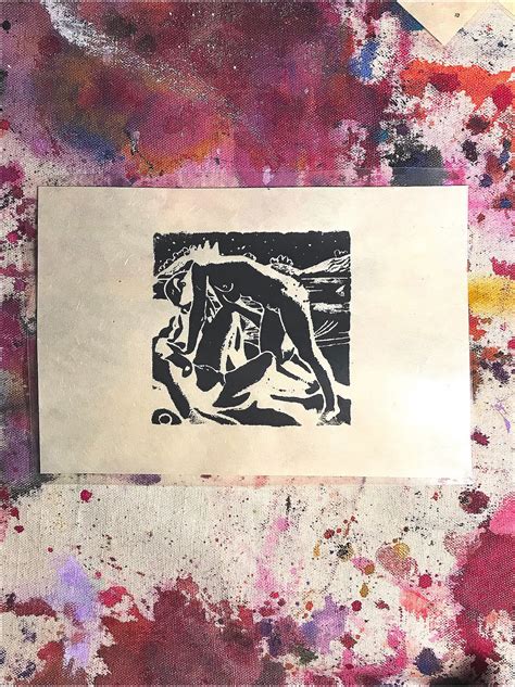 Linocut Nude Woman In Nature Print Japanese Calligraphy Etsy
