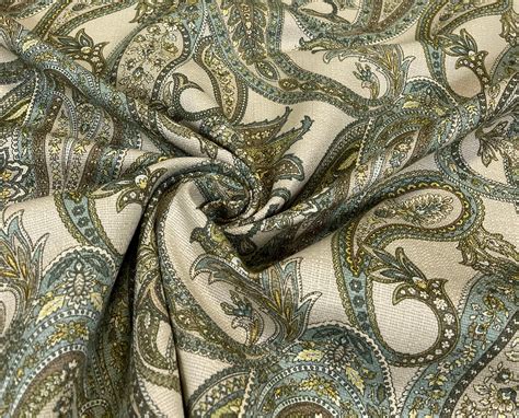 Teal Brown Paisley Print Cotton Linen Fabric 54w Upholstery Bty Natural