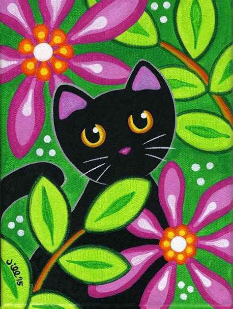 Black Cat In Tropical Flowers Folk Art Print From Painting Etsy