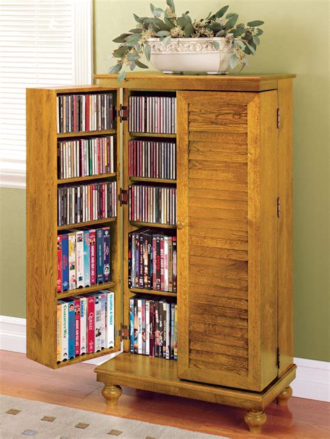 Louvered Door Media Cabinet Mission Style Organizes Cds And Dvd