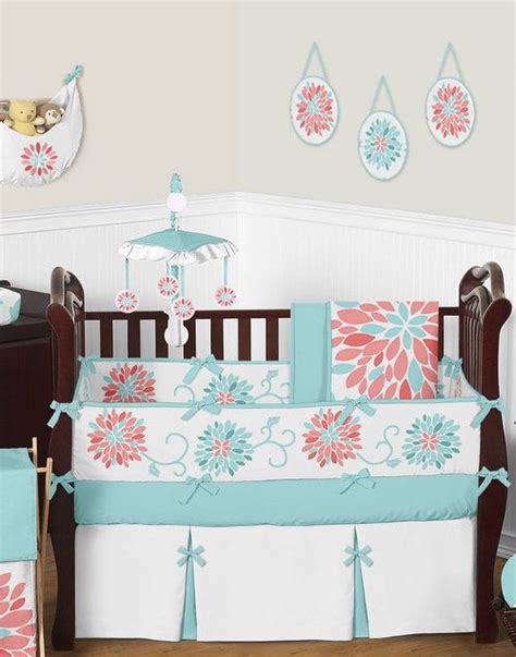 Emma Turquoise And Coral Baby Bedding 9pc Girls Floral Crib Set By Jojo
