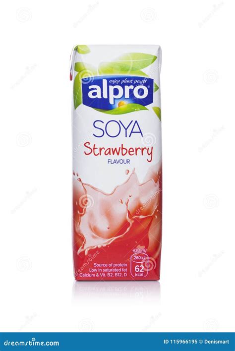 London Uk May 03 2018 Pack Of Alpro Soya Strawberry Milk Drink On White Background