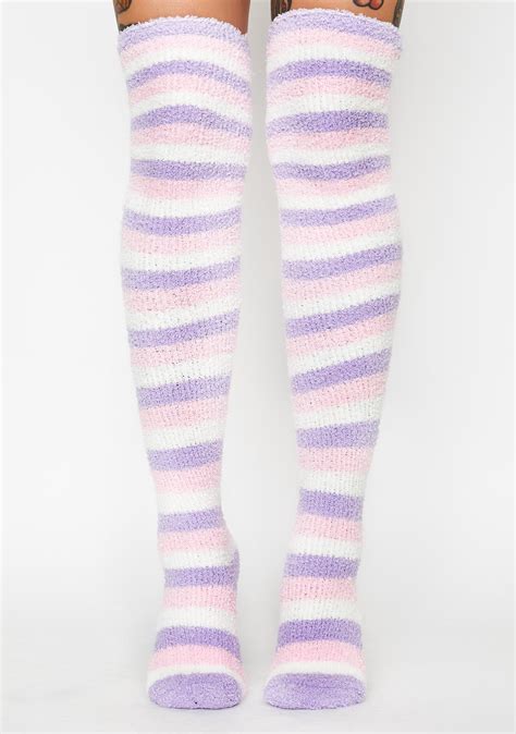 Holiday Striped Socks Pastel Knee High Fuzzy Dolls Kill