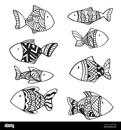 Set Of Vector Zen Doodle Fish Black And White Doodle Hand Drawn Sketch