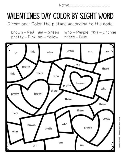 Color By Sight Word Valentines Day Kindergarten Worksheets The