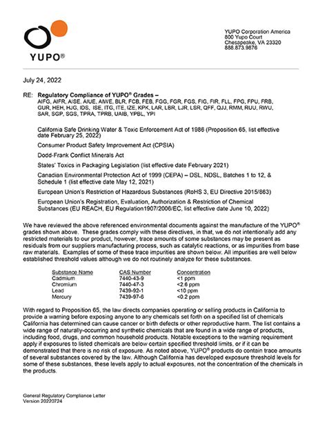 Regulatory Compliance Statement Yupo Synthetic Papers