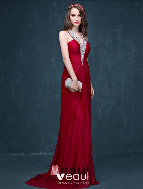 A Line Beading Sequins Halter V Neck Backless Ruffle Charmeuse Evening