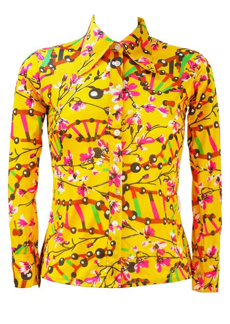 vintage 60 s yellow blouse with abstract floral oriental pattern xs s reign vintage
