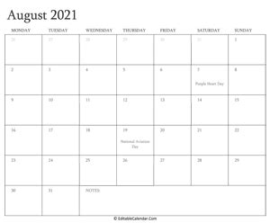 In 1776, members of the continental congress began signing the declaration of independence. Editable Calendar August 2021