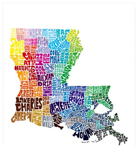 Louisiana Map Art Print With Cities In Typography Contemporary