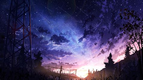 Download 1920x1080 Anime Landscape Falling Stars Sunset Clouds